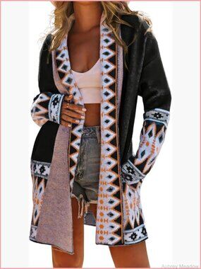 Women's Aztec Print Jacquard Knit Open Front Cardigan Long Sleeve Boho Sweater